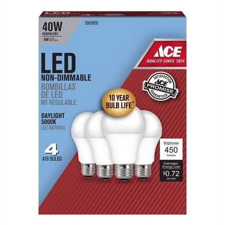 Ace A19 E26 (Medium) LED Bulb Daylight 40 Watt Equivalence 4 Pk