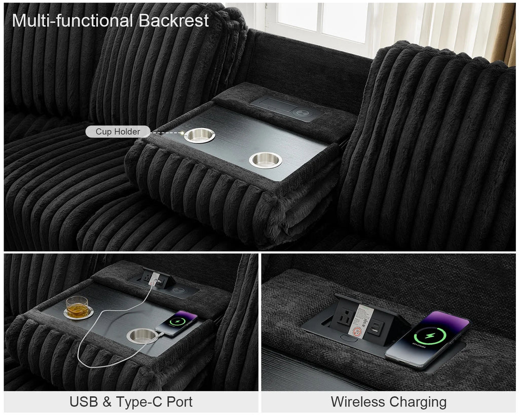 Power Reclining Sectional Sofa with Wireless Charger, 6 - Seater Faux Fur Sectional with Recliners, Hidden Cup Holders, Storage Console, USB & Type - C Ports, Black