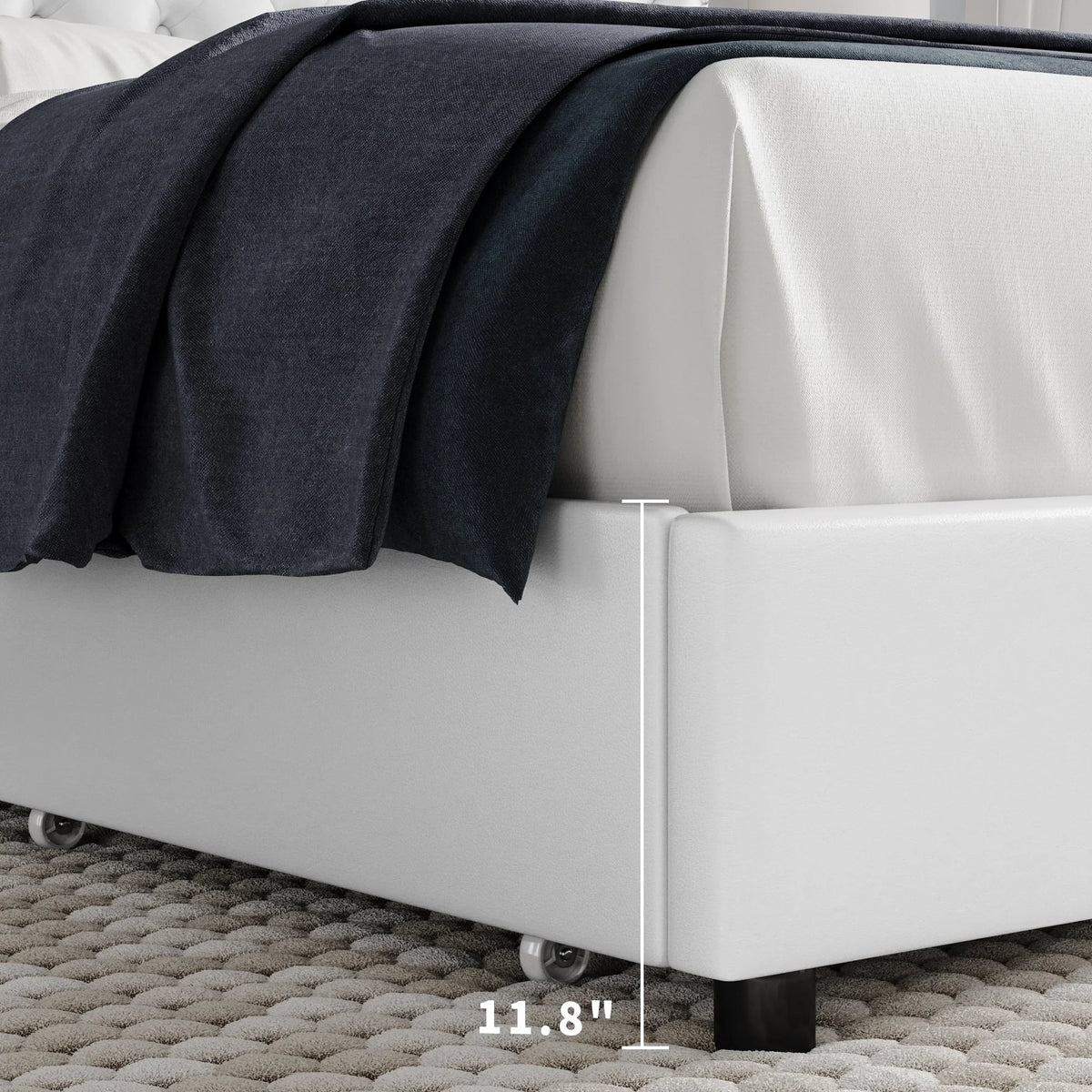 Homfa White Queen Bed Frame with Drawer, PU Leather Upholstered Storage Platform Bed Frame with Button Tufted Headboard, Noise Free