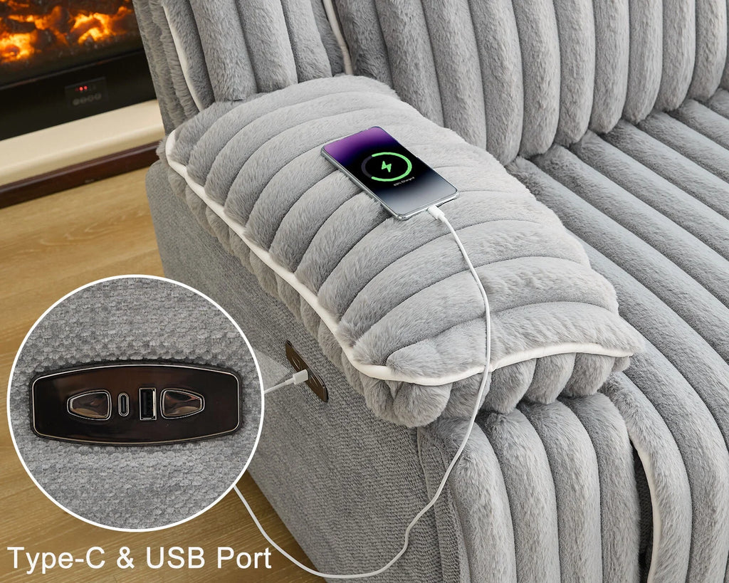 Power Reclining Sectional Sofa with Wireless Charger, 6 - Seater Faux Fur Sectional with Recliners, Hidden Cup Holders, Storage Console, USB & Type - C Ports, Black
