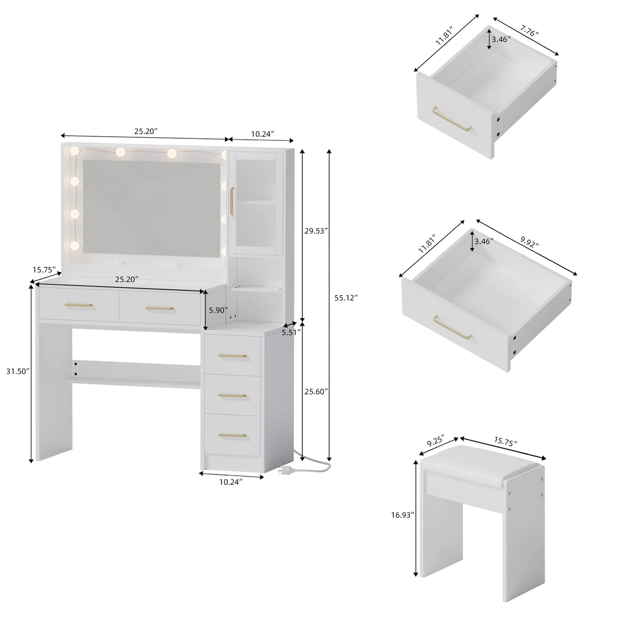 UGTOO 58.3" White Vanity Desk with Mirror, Adjustable Lighting, Power Outlet, Drawers, with Stool