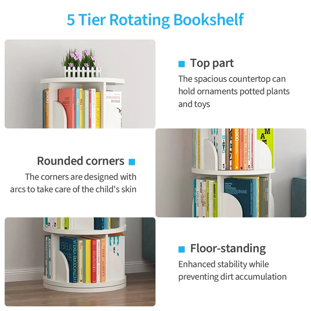 Bimiti 5 Tier Rotating Bookshelf, 360? Revolving Bookcase 20 Shelves Floor - Standing Storage Display Rack - White 63"x18"x18", Adult