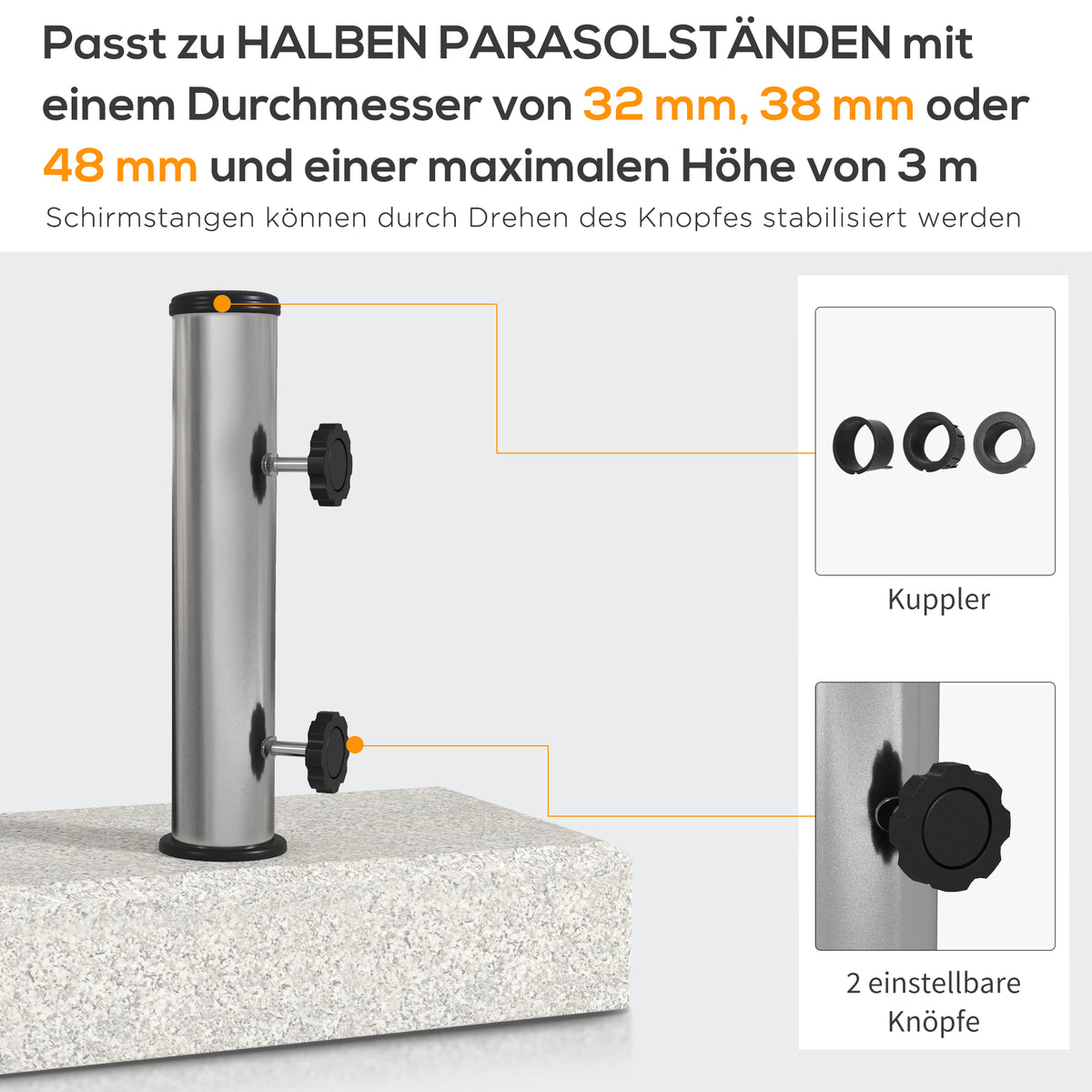Outsunny Sonnenschirmständer 25 kg, Schirmfuß aus Granit, für Schirmstöcke Ø32/38/48 mm, Grau