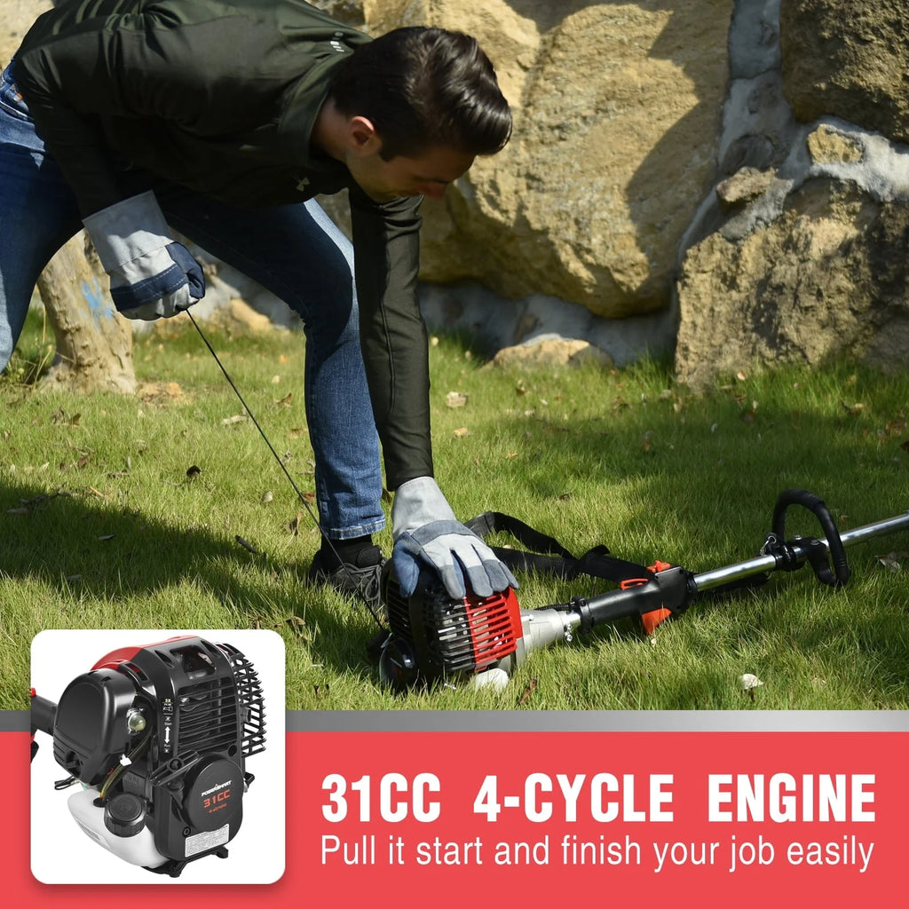 Powersmart 4 - Cycle 31cc 15 lb Straight Shaft Gas String Trimmer Weed Wacker and Brush Cutter for Lawns and Grass