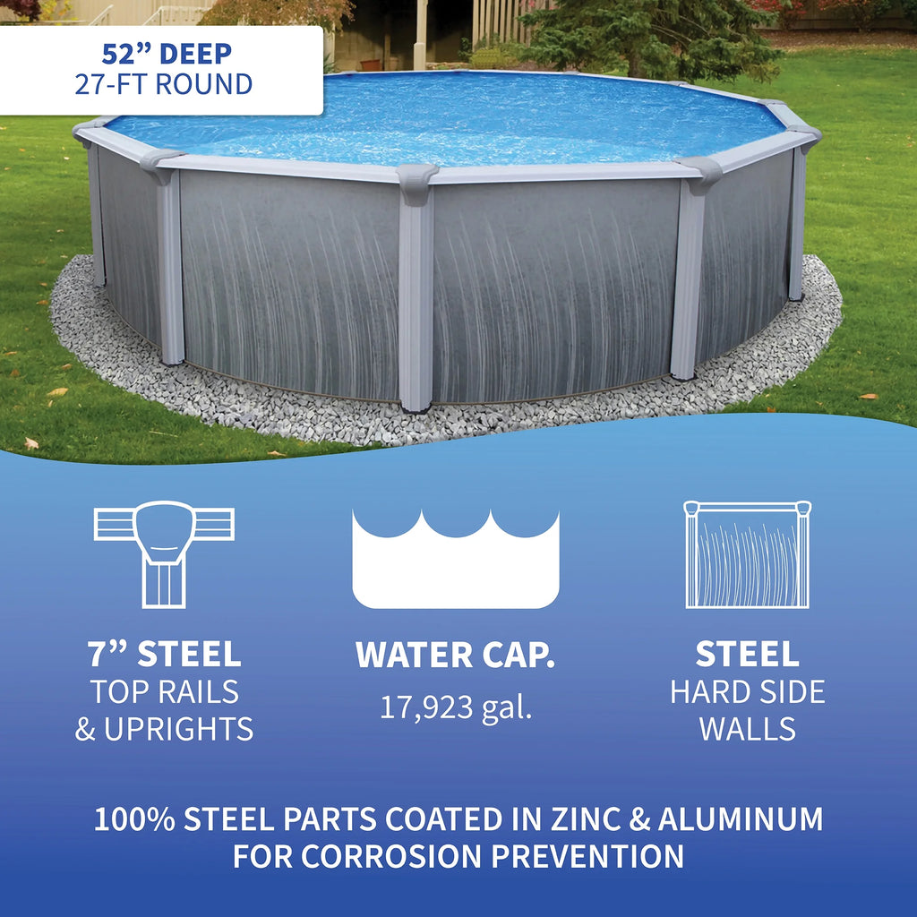 Blue Wave Martinique 15 - Ft Round 52 - in Deep 7 - in Top Rail Metal Wall Swimming Pool Package