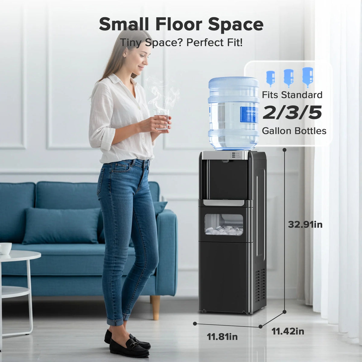 LHRIVER 2 - 5 Gallon Water Dispenser & 6 - Min Ice Maker, 3 - in - 1 Hot/Cold/Ice, Child Lock & Energy - Efficient, for Home/Office, Black