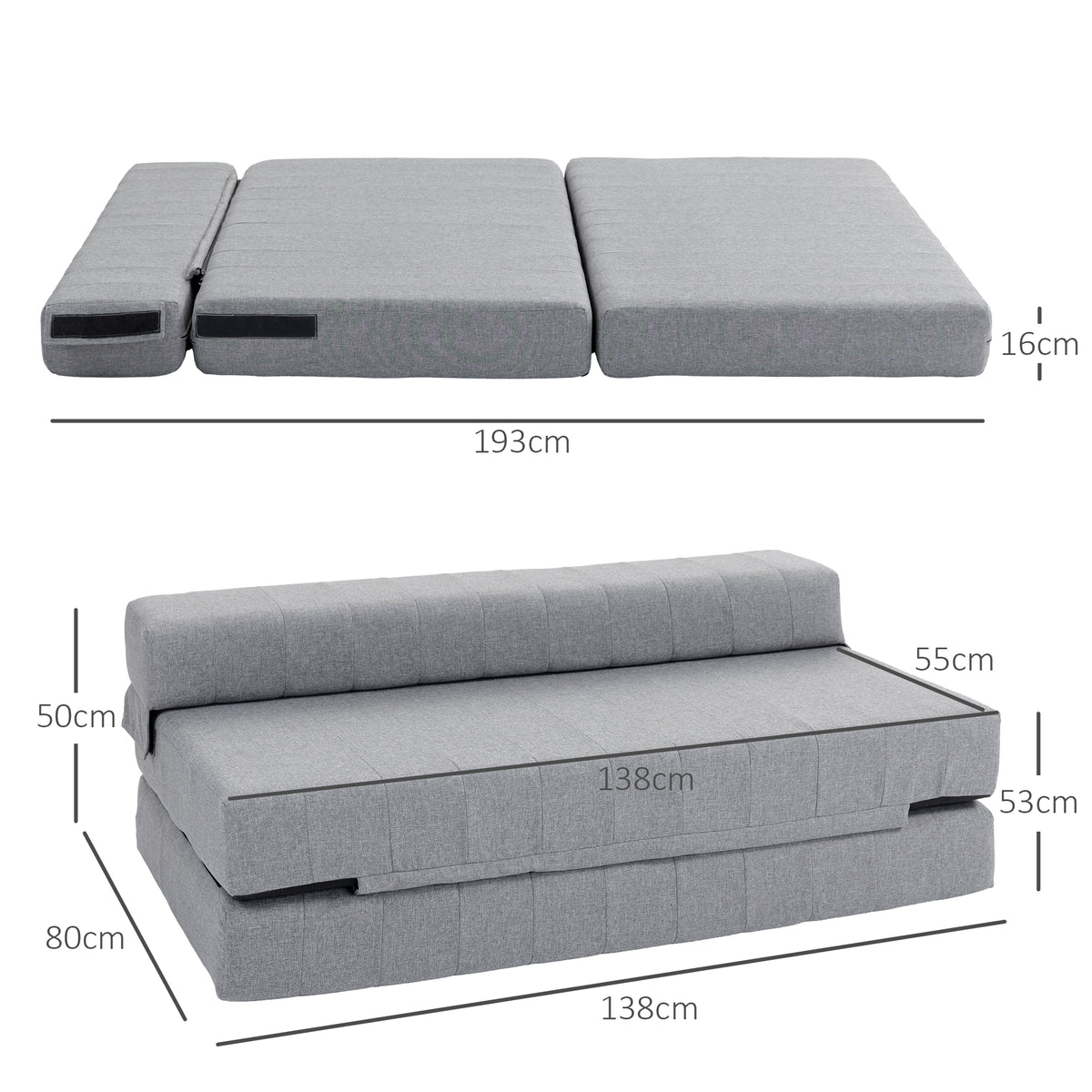 HOMCOM Klappsessel mit Bettfunktion, Gästebett, faltbar, bis 250 kg, 138x80x50 cm, Grau