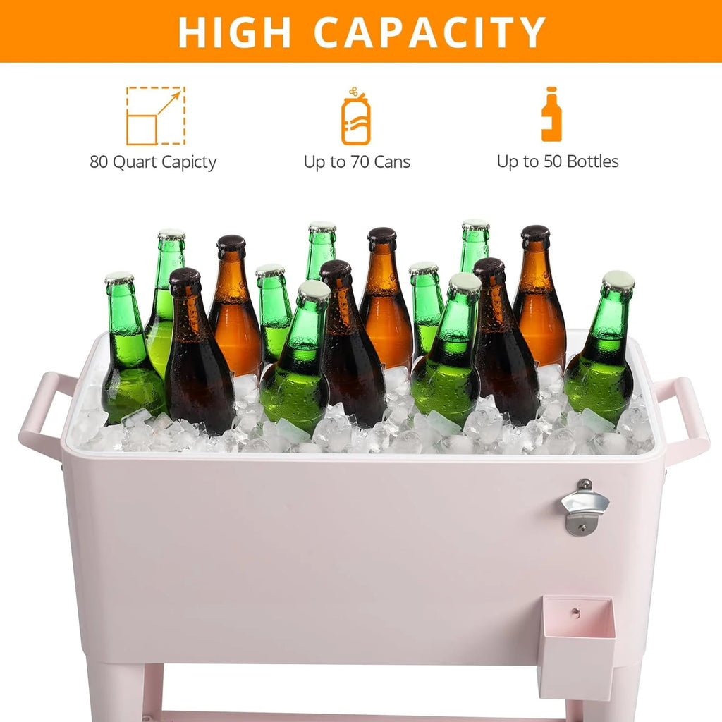 80 Quart Rolling Ice Chest, Portable Bar Drink Cooler with Catch Basin, Bottom Storage Tray and Bottle Opener for Patio Party BBQ Beach Activities