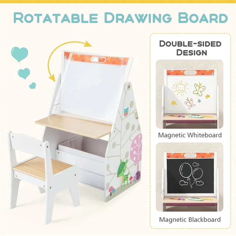 3-in-1 Kids Art Easel with Chair, Wooden Toddler Easel Table & Chair Set w/ Double-Sided Magnetic Whiteboard & Chalkboard, Bookshelf, Storage