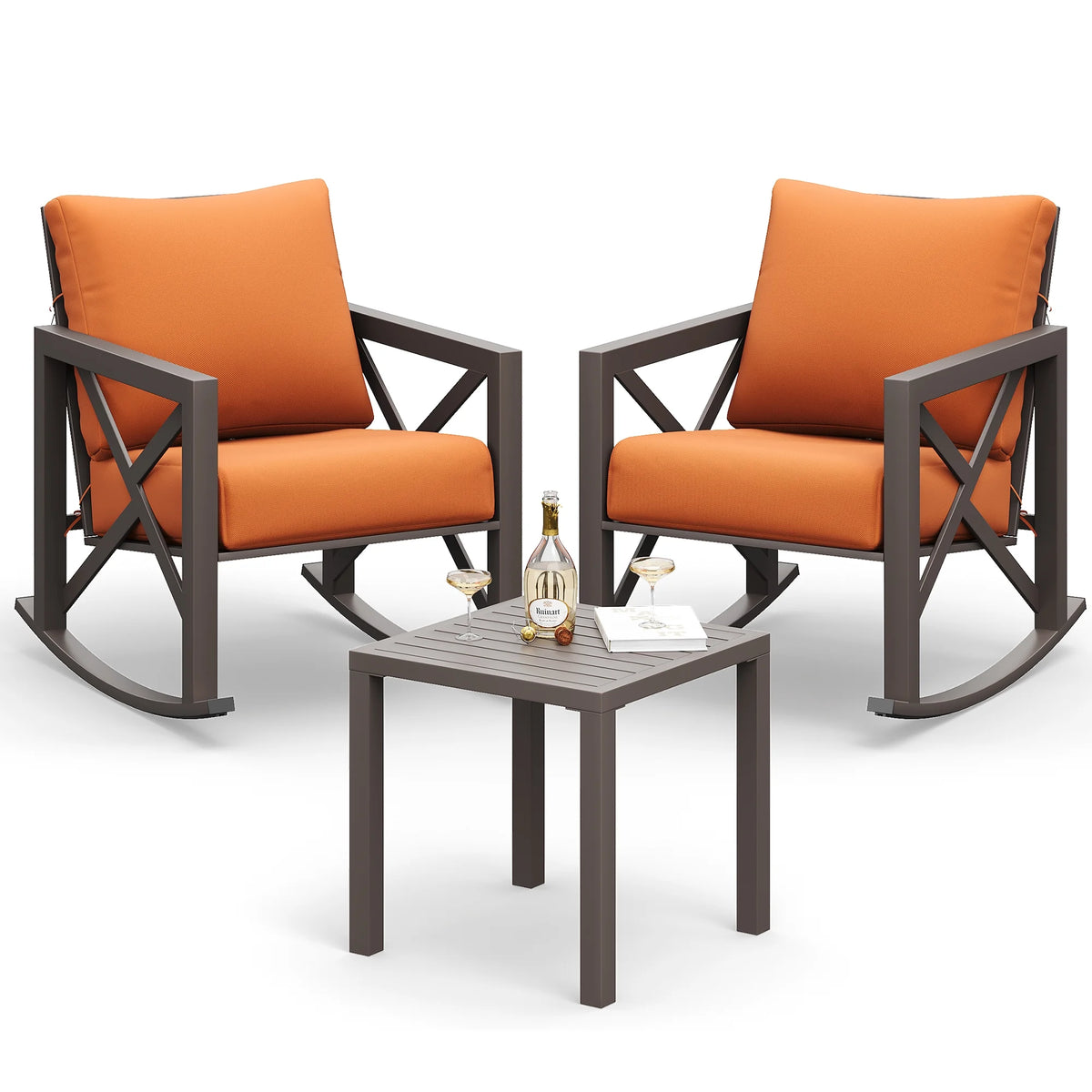 MRUAKA Rocking Chair Bistro Set, 3 Piece Outdoor Patio Furniture Set with 2 Rockers and 1 Metal Coffee Table with Thick Cushions for Porch, Backyard, Poolside, Beige