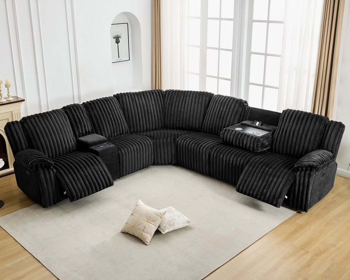 Power Reclining Sectional Sofa with Wireless Charger, 6 - Seater Faux Fur Sectional with Recliners, Hidden Cup Holders, Storage Console, USB & Type - C Ports, Black