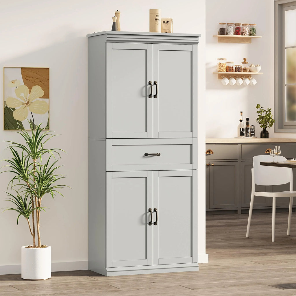 Dsstyles Pantry Cabinet, Freestanding Kitchen Pantry Storage Cabinet, 70" Cupboard, Tall Storage Cabinet with Doors and Adjustable Shelves, for Bathroom, Dining Room, Living Room, Antique White/Gray