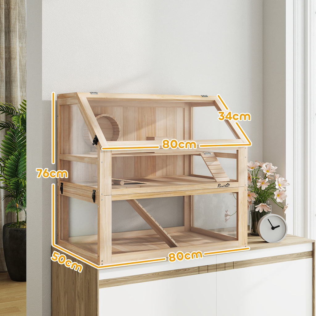 PawHut Hamsterkäfig aus Holz 3 Etagen Nagarium Nagerkäfig mit klappbarem Deckel Laufrad 80 x 50 x 76 cm Naturholz