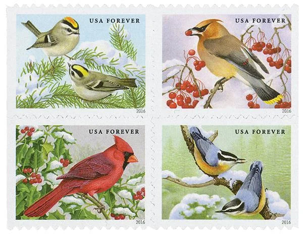 Forever Stamps 2016 Songbirds in Snow – Seasonal Wildlife. First-Class Postage