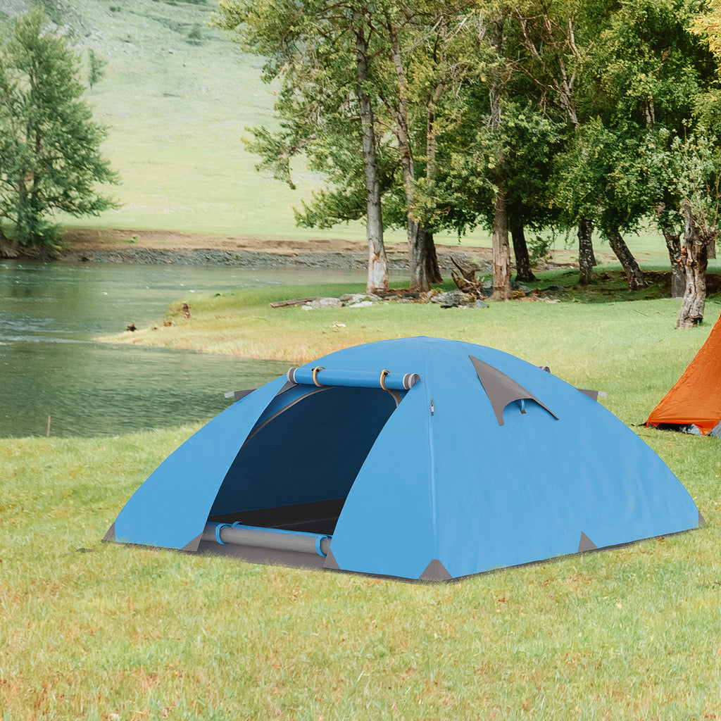 Outsunny Familien-Campingzelt für 2-3 Personen, leichtes belüftetes Kuppelzelt mit Reißverschlusstüren, inklusive Transporttasche, 268 x 214 x 103 cm, Blau