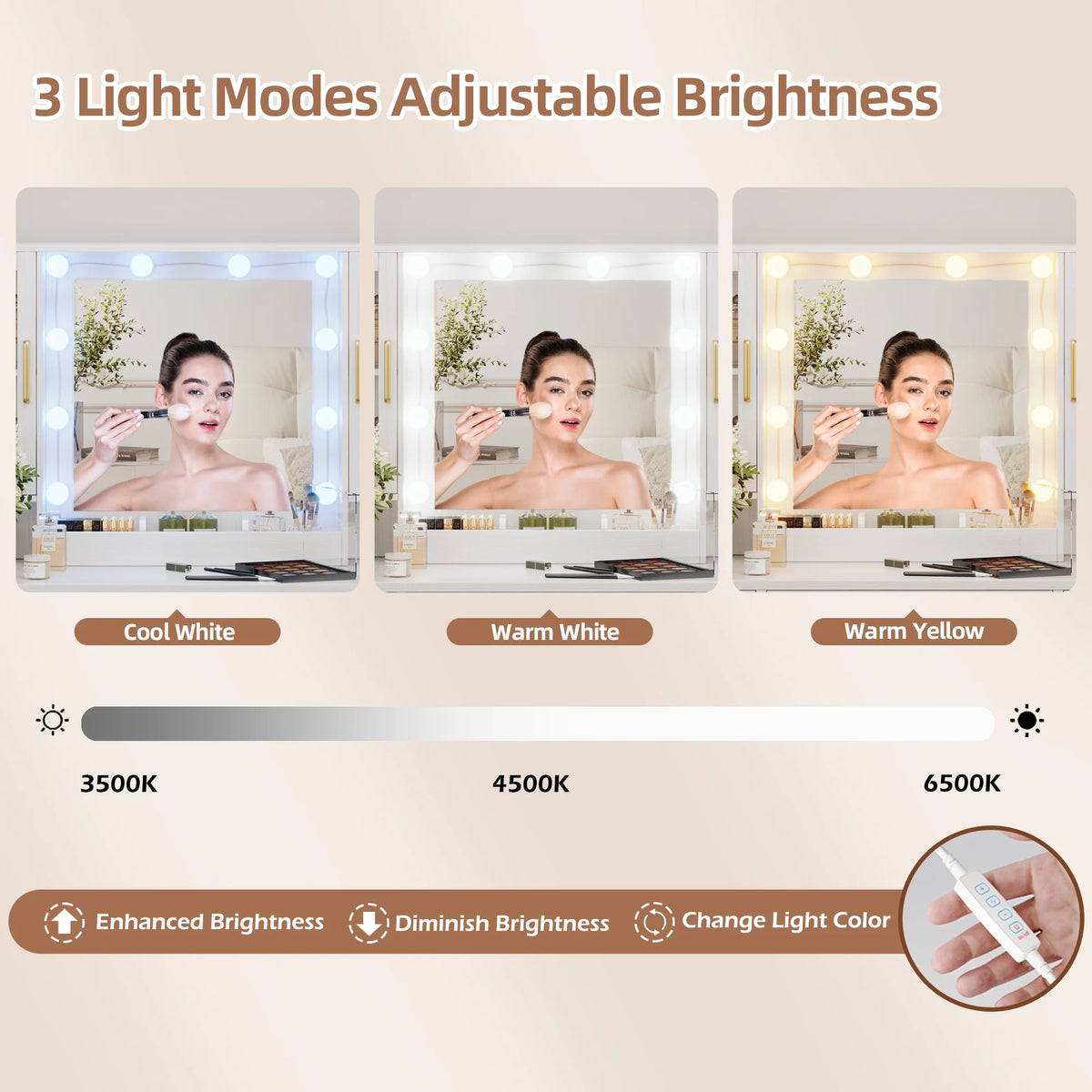 UGTOO 58.3" White Vanity Desk with Mirror, Adjustable Lighting, Power Outlet, Drawers, with Stool