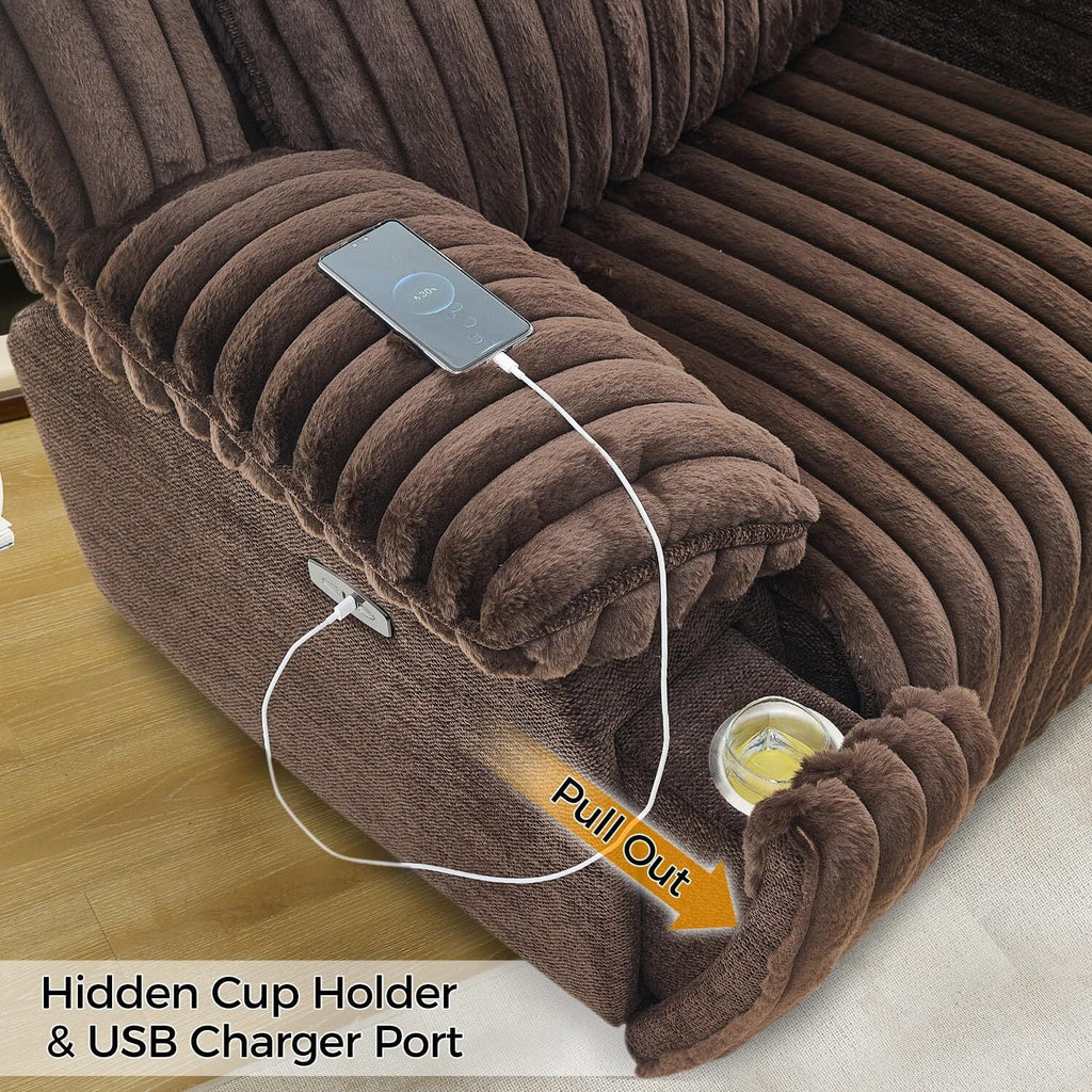 Power Reclining Sectional Sofa with Wireless Charger, 6 - Seater Faux Fur Sectional with Recliners, Hidden Cup Holders, Storage Console, USB & Type - C Ports, Black