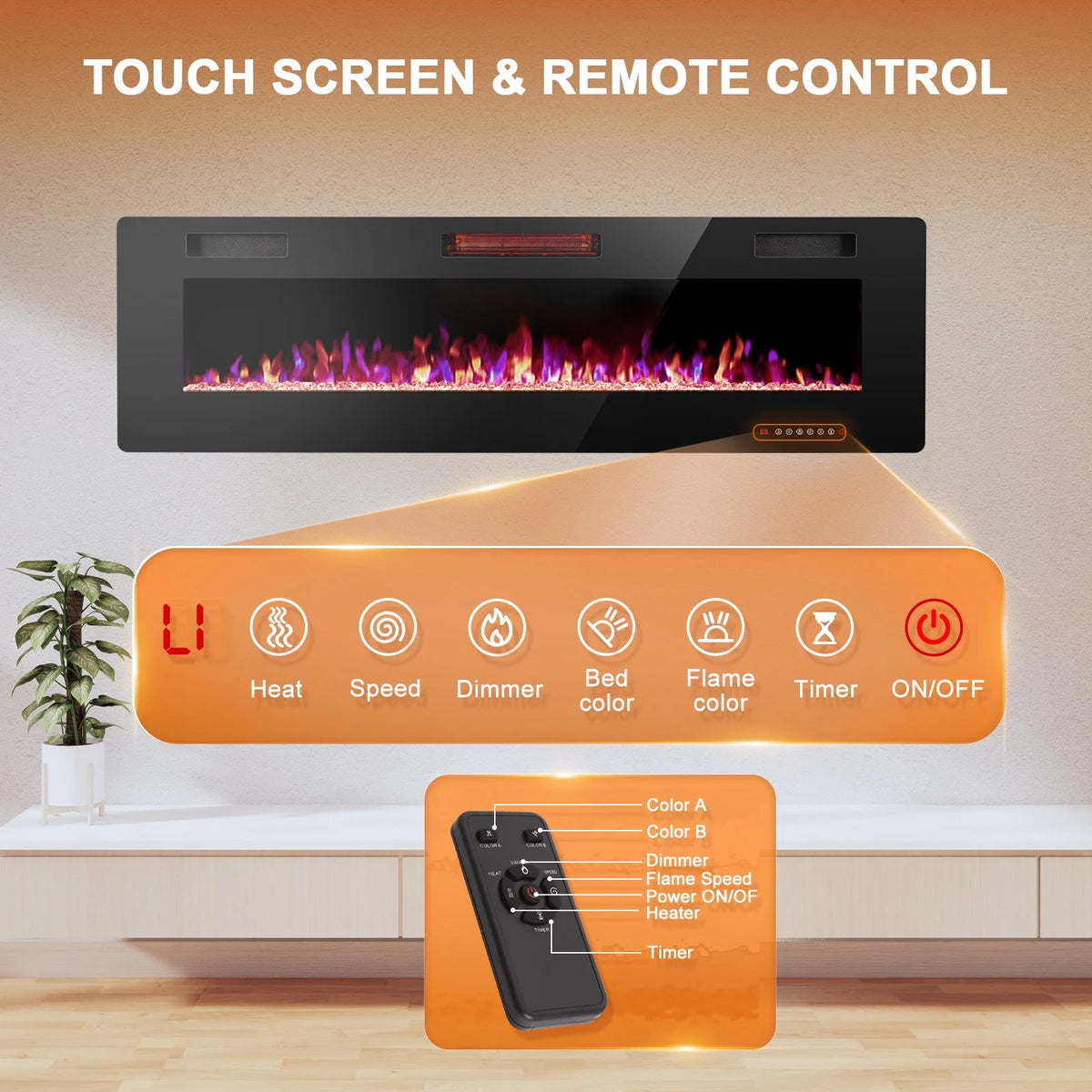 KISSAIR 60 Indoor Electric Fireplace Ultra Thin Fireplace, Wall Mounted Recessed Fireplace with Multiple Colors