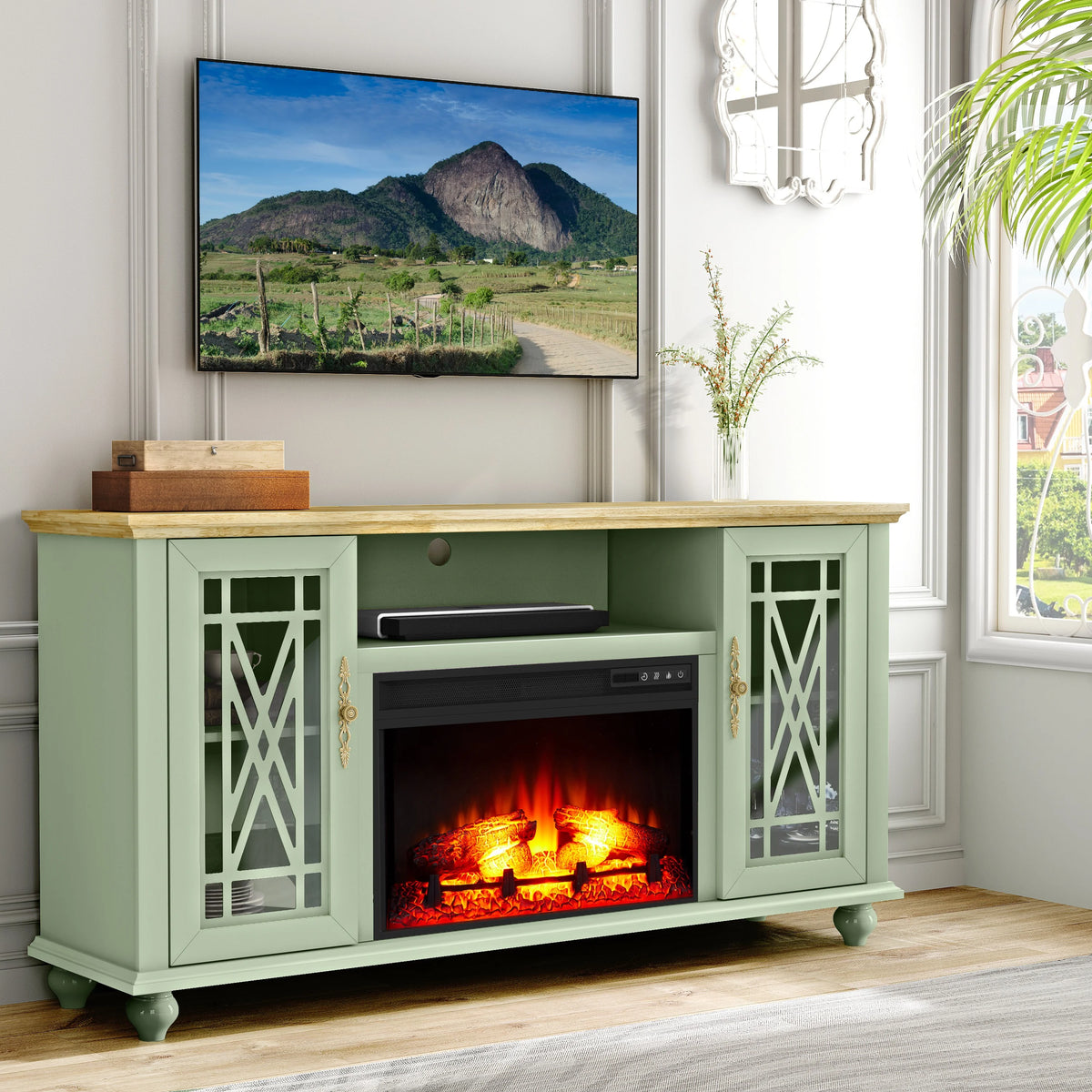 FESTIVO Elegant 61" TV Stand with Fireplace - Green