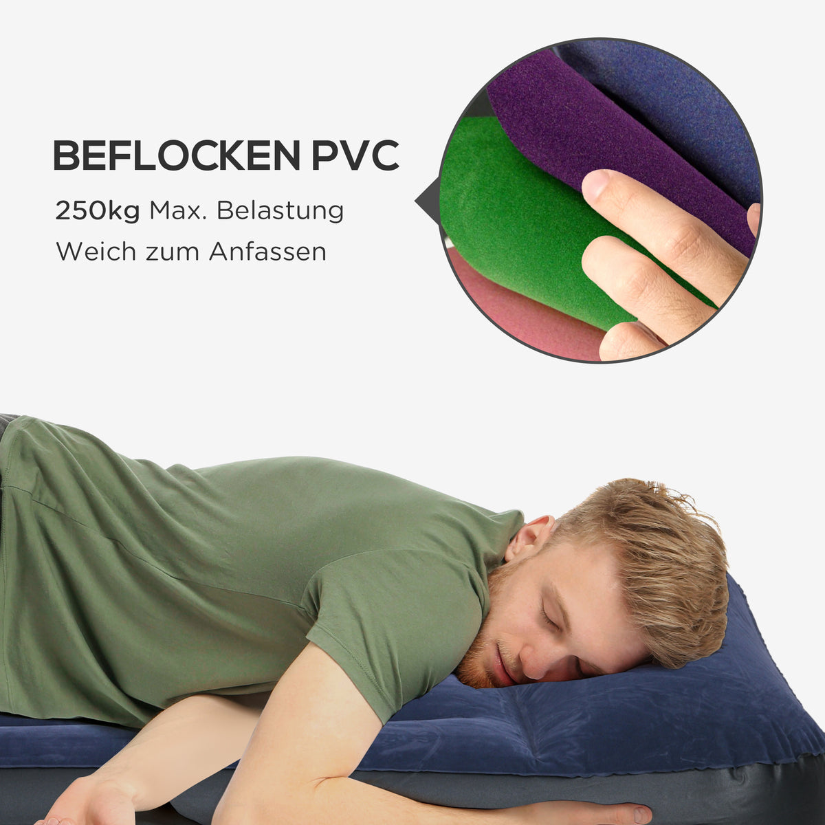 Outsunny Campingmatratze für 2 Personen, aufblasbar, eingebaute Pumpe, Tragetasche, 203 x 152 x 46 cm, Dunkelblau/Schwarz