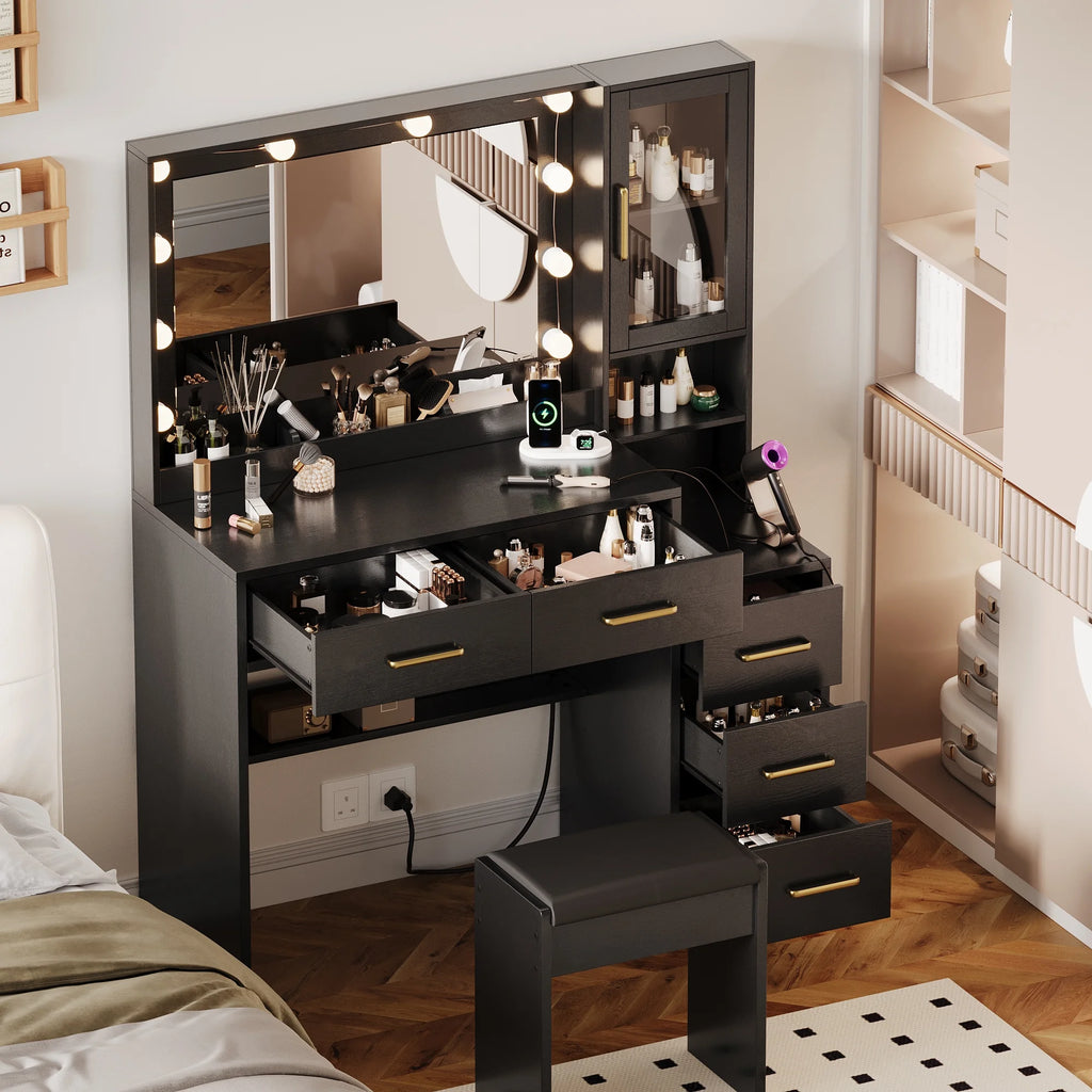 UGTOO 58.3" White Vanity Desk with Mirror, Adjustable Lighting, Power Outlet, Drawers, with Stool