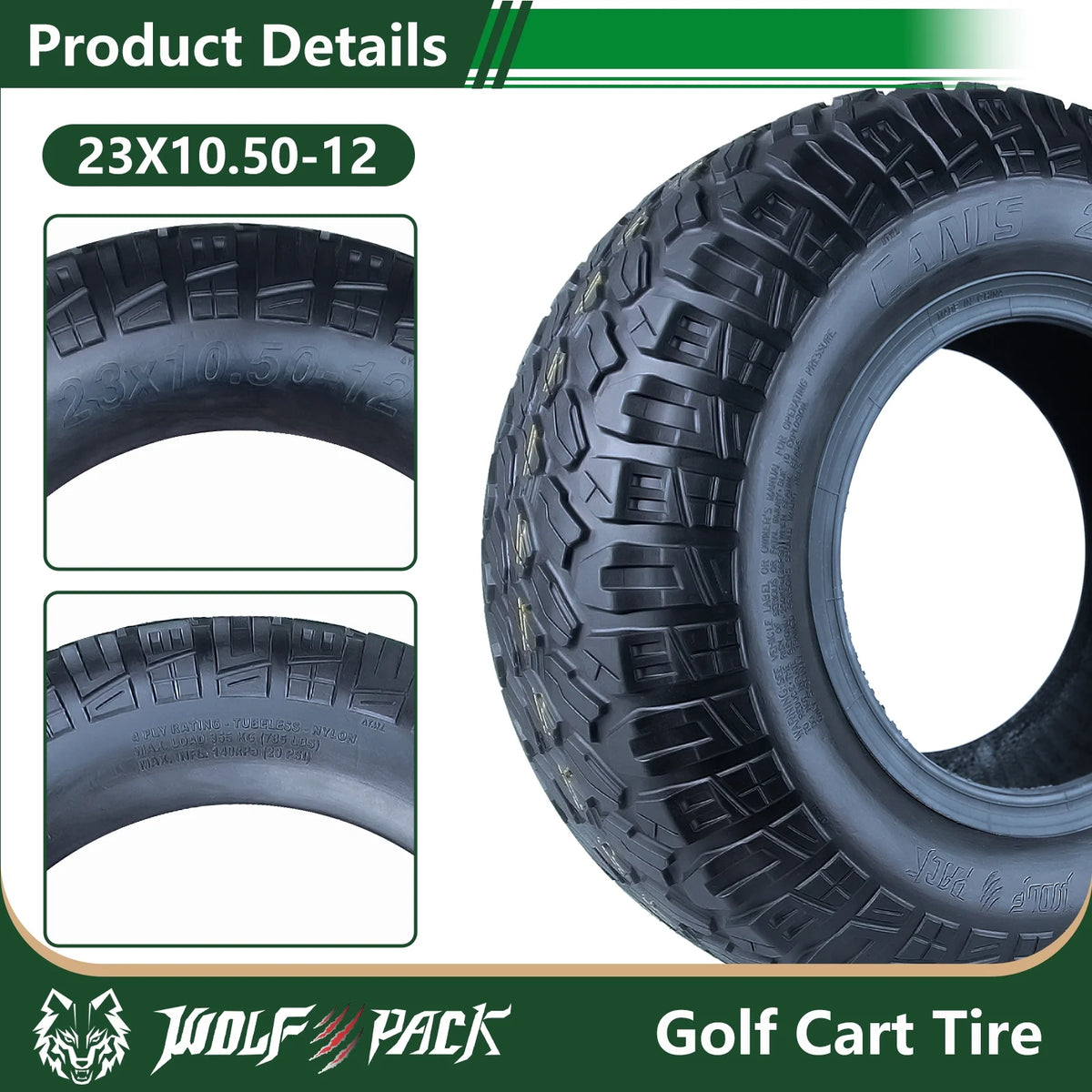 Set 4 WOLF PACK 23X10.5 - 12 Golf Cart Tires Non - Directional Tubeless Tire Multi - Terrain Tire with Superior Traction and Mud - Resistant Self - Cleaning Tread Design for Long - Lasting Performance