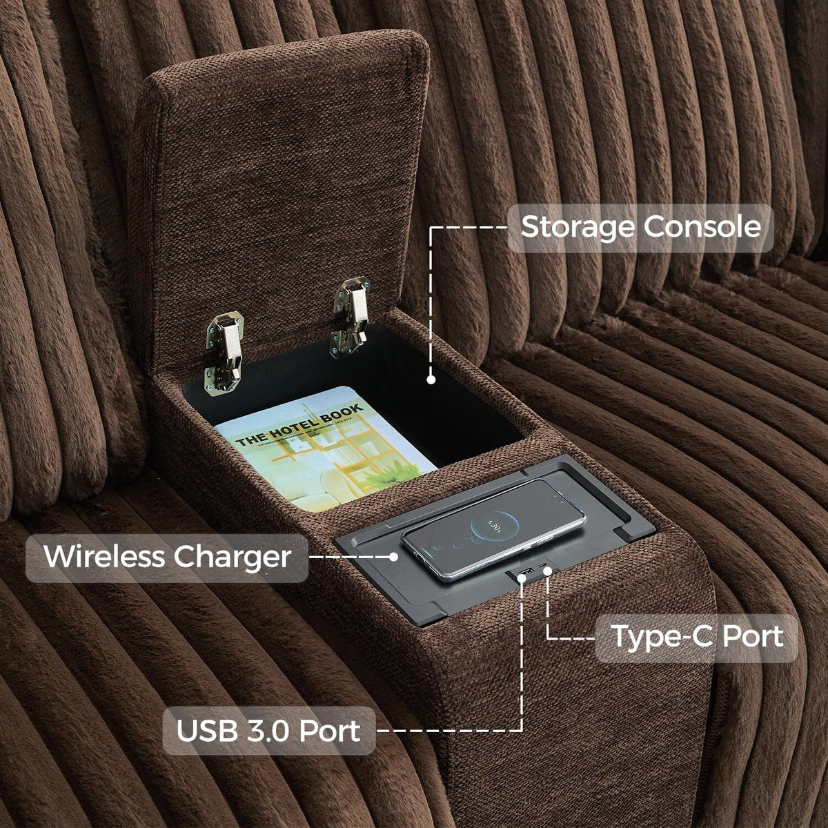 Power Reclining Sectional Sofa with Wireless Charger, 6 - Seater Faux Fur Sectional with Recliners, Hidden Cup Holders, Storage Console, USB & Type - C Ports, Black