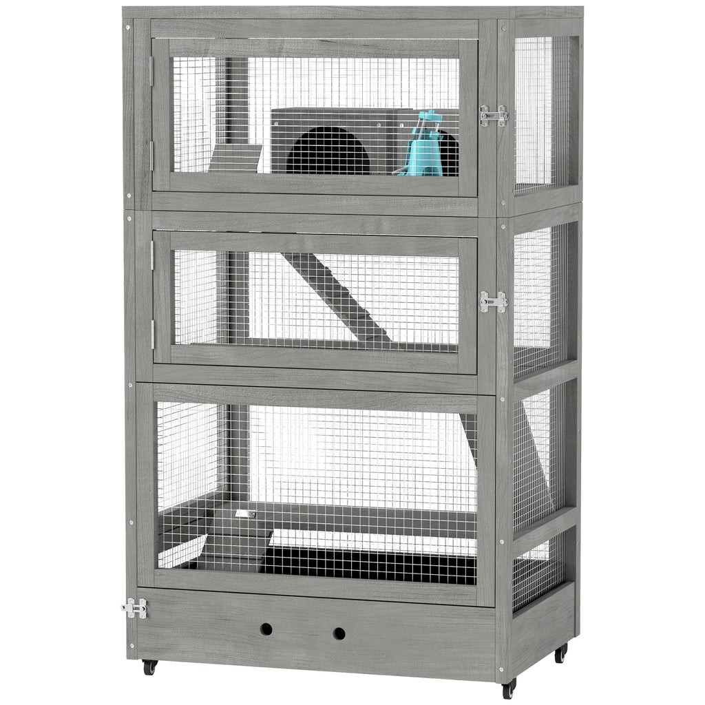 PawHut 4-stufiger Hamsterkäfig aus Holz, mit Hütten, Wippe, Futterschalen, Rampen, Rollen, 65 x 45 x 109 cm, Grau