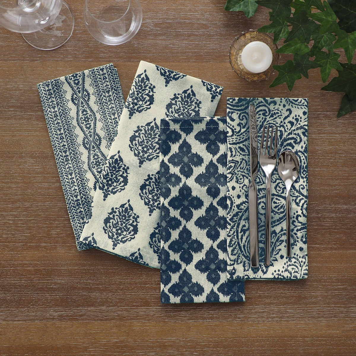 Elrene Home Fashions Everyday Casual Prints Assorted Fabric Napkins (Set of 24) Indigo