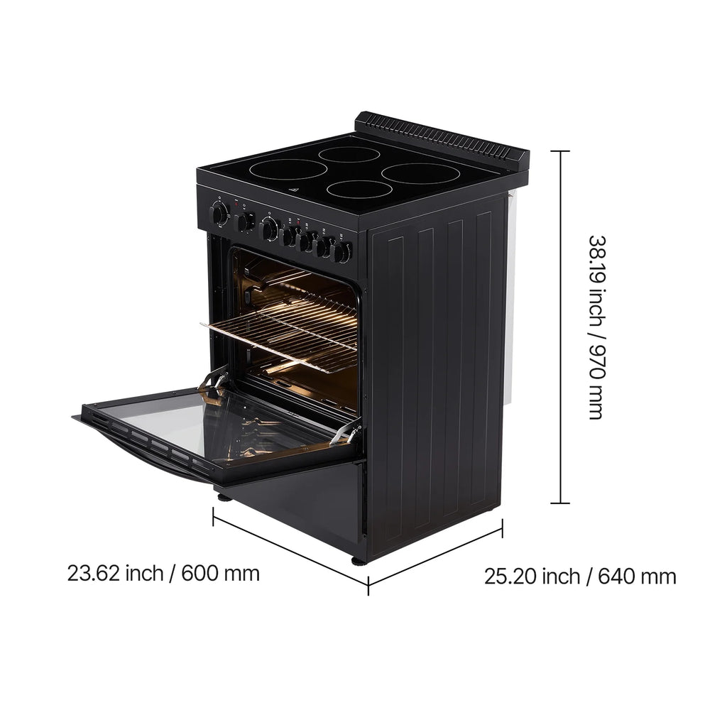 KFFKFF 24 - Inch Electric Range Oven, 2.7 Cu. Ft. Compact Freestanding Design, Stainless Steel Finish, Features 4 Burners, Adjustable Racks, Storage Drawer, Drip Pan, and Indicator Light, Black