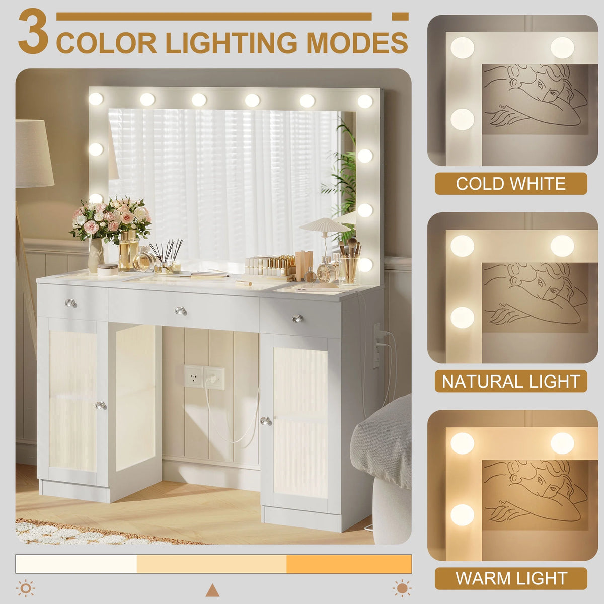 ABOVOBA Vanity Desk with Mirror and Lights, 3 Drawers and Power Outlet Makeup Vanity for Women, White