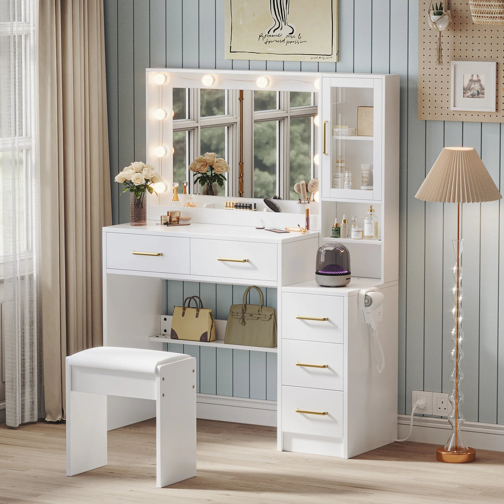 UGTOO 58.3" White Vanity Desk with Mirror, Adjustable Lighting, Power Outlet, Drawers, with Stool