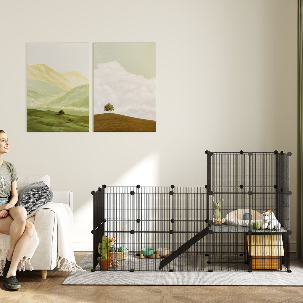 PawHut Gehege für Zwergkaninchen, 39-Paneel-Stall für kleine Haustiere, mit Rampe, für Kleintiere, Indoor, Schwarz