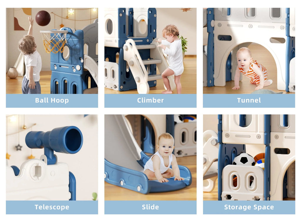 KORIMEFA 8 in 1 Kids Slide Set with Climber, Toddler Climber Slide Play Set with Basketball Hoop, Tunnel, Toddler Playground Outdoor Indoor Layground Slide Playset Age 1+