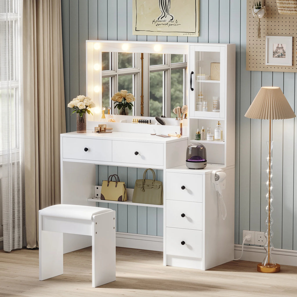 UGTOO 58.3" White Vanity Desk with Mirror, Adjustable Lighting, Power Outlet, Drawers, with Stool
