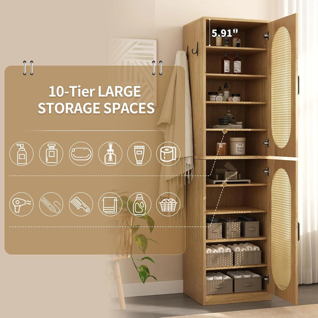 66 - Inch Bathroom Storage Cabinet with Rattan Doors, Bath Room Organizer Floor Cabinets Brown