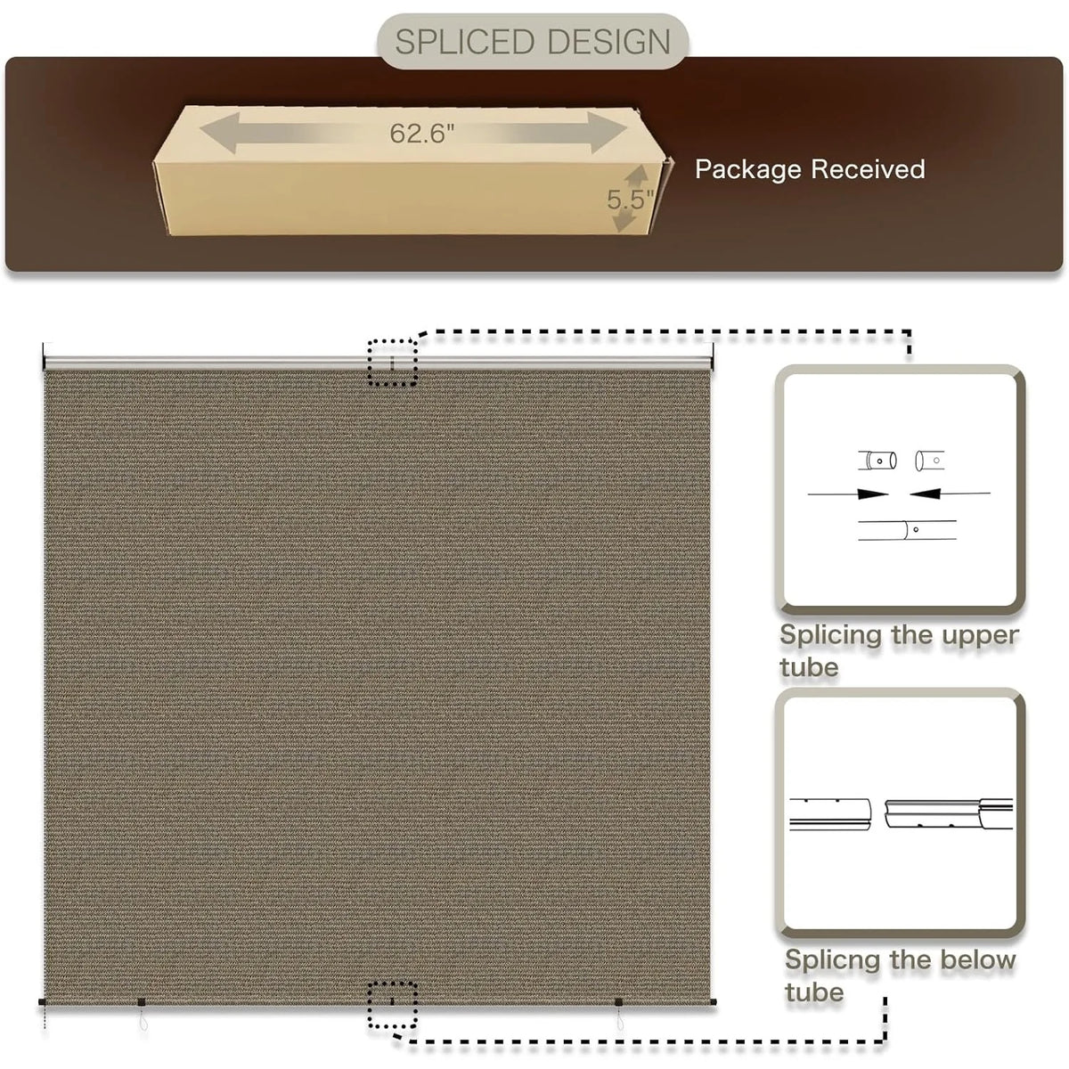AECOJOY Outdoor Roller Shade, 10'(W) x8'(H) Sun Shade Cover Canopy, Mocha&Gray