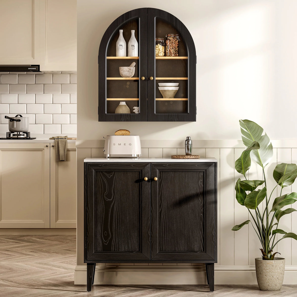 EYYTHUNG Modern Arched Wall Cabinet, Large Medicine Cupboard, Black Cabinet for Bathroom with Adjustable Shelf, Black Oak