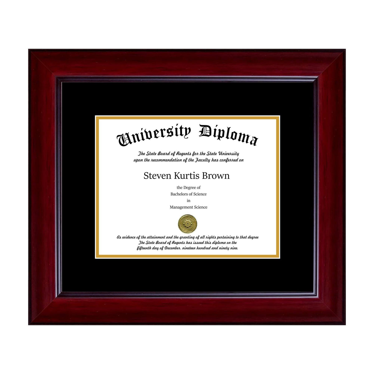 Single Diploma Frame with Double Matting for 14" x 11" Tall Diploma with Mahogany 1 5/8" Frame