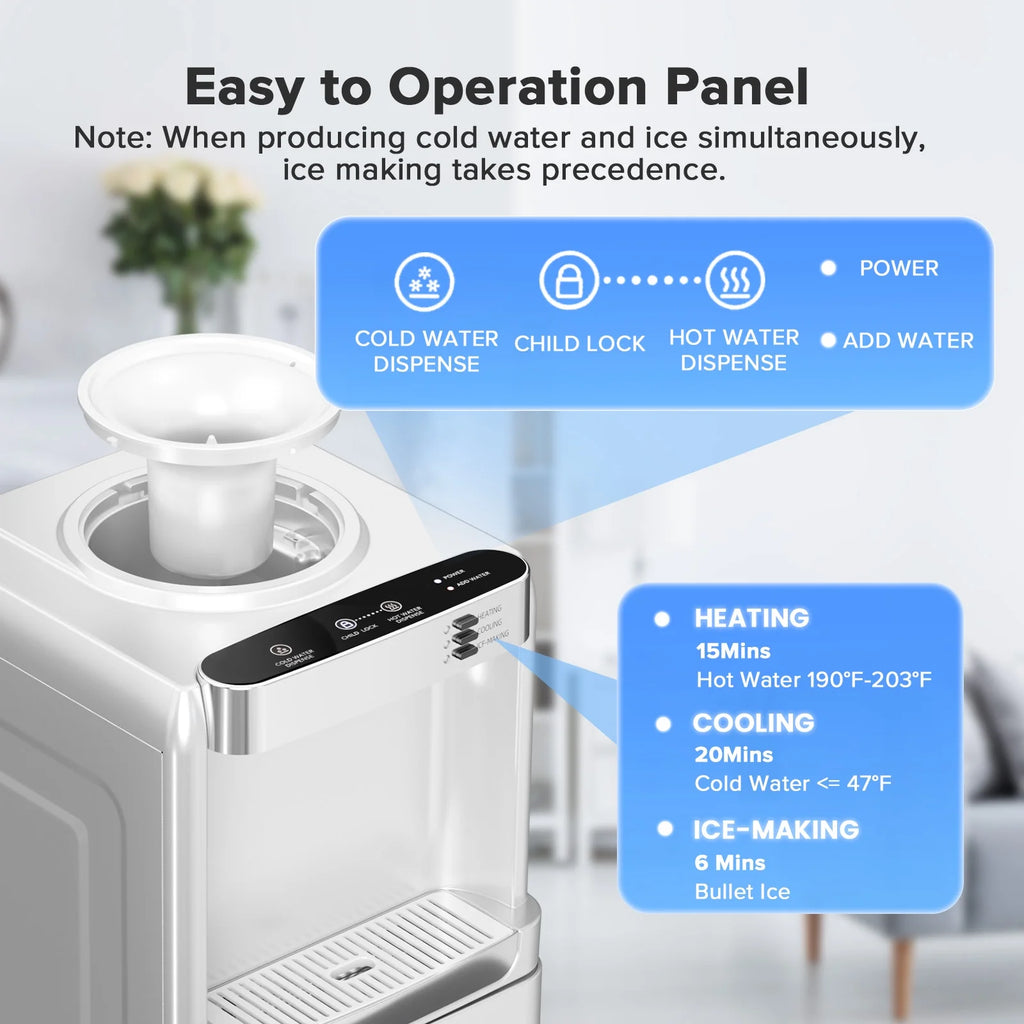 LHRIVER 2 - 5 Gallon Water Dispenser & 6 - Min Ice Maker, 3 - in - 1 Hot/Cold/Ice, Child Lock & Energy - Efficient, for Home/Office, Black