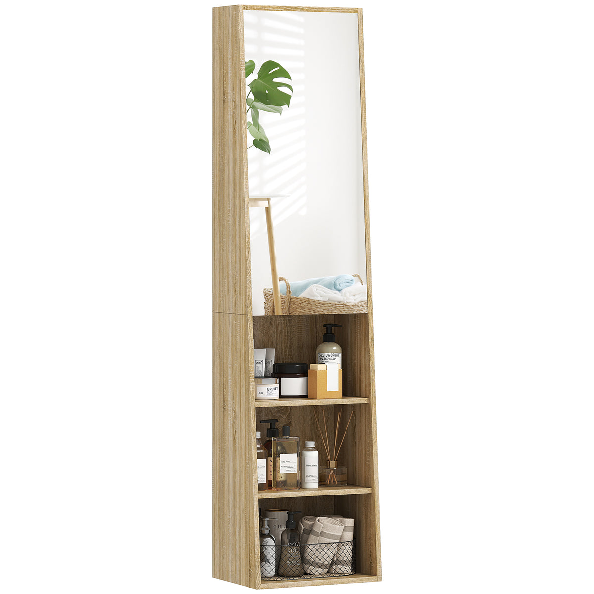 HOMCOM Badezimmerschrank Säule trapezförmig mit Spiegeltür, 6 Regalebenen, 40 x 30 x 165 cm