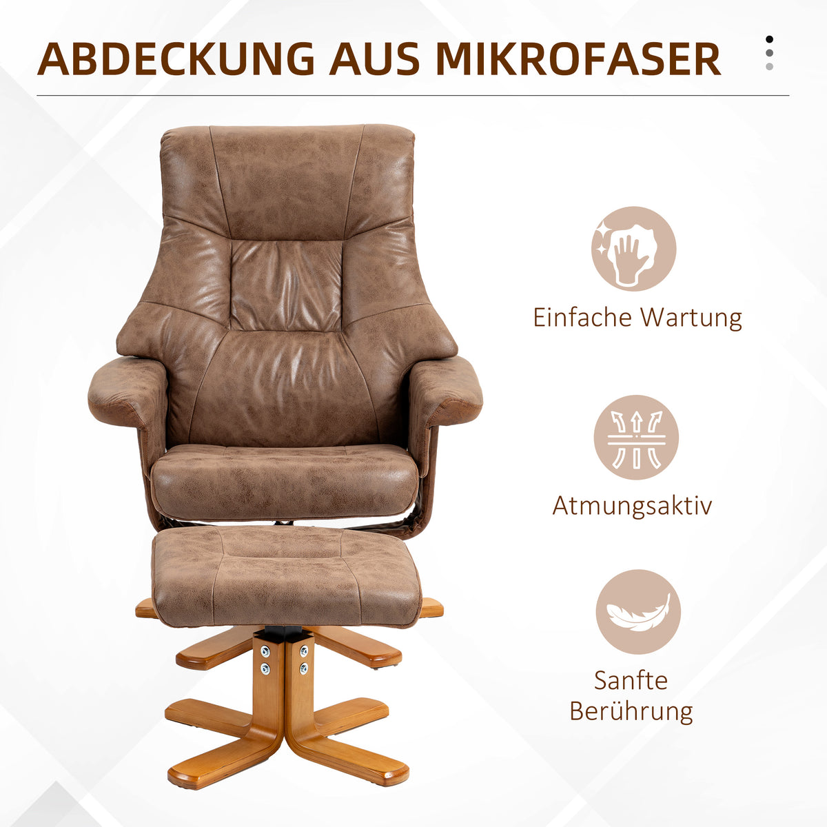 HOMCOM Relaxsessel mit Hocker, 360° drehbar, 135° neigbar, atmungsaktiver Bezug, 78 x 82,5 x 109 cm, braun