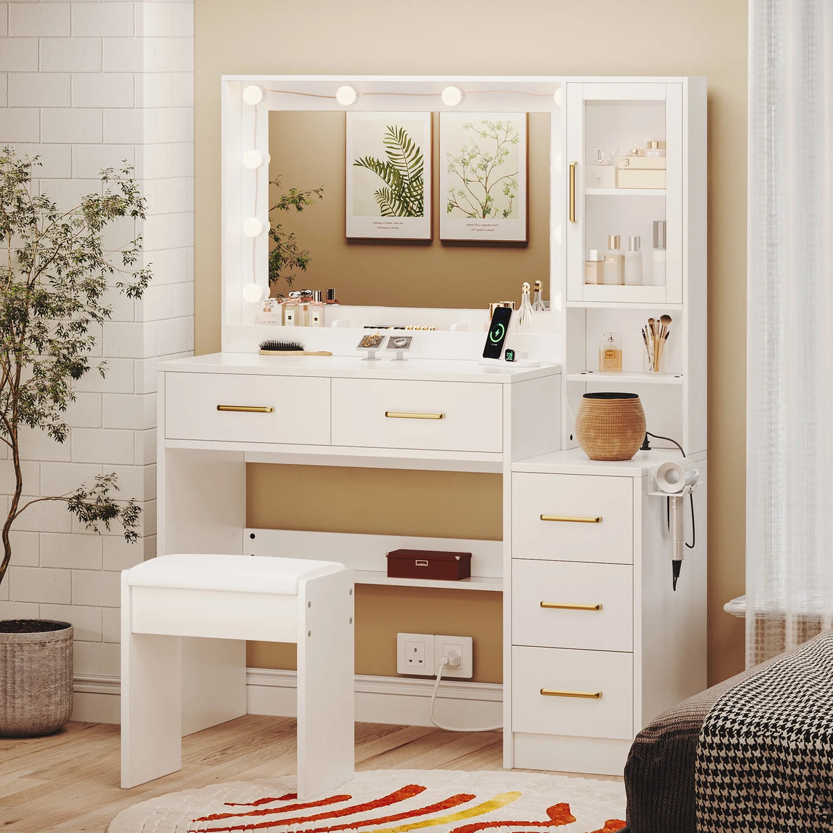 UGTOO 58.3" White Vanity Desk with Mirror, Adjustable Lighting, Power Outlet, Drawers, with Stool