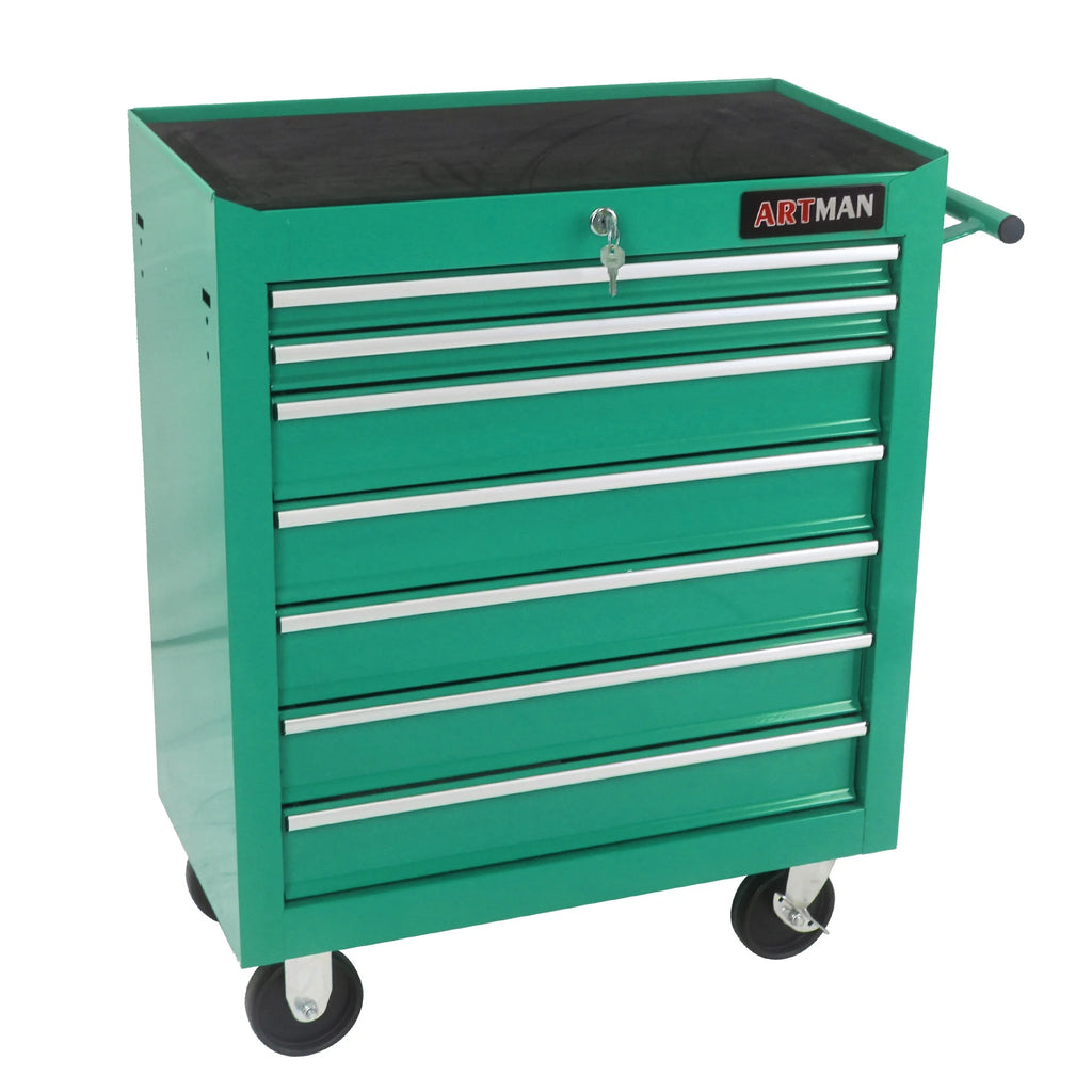 Aukfa Tool Chest, 24.5 in 7 - Drawer Steel Rolling Tool Box on Wheels for Workshop Garage, Red