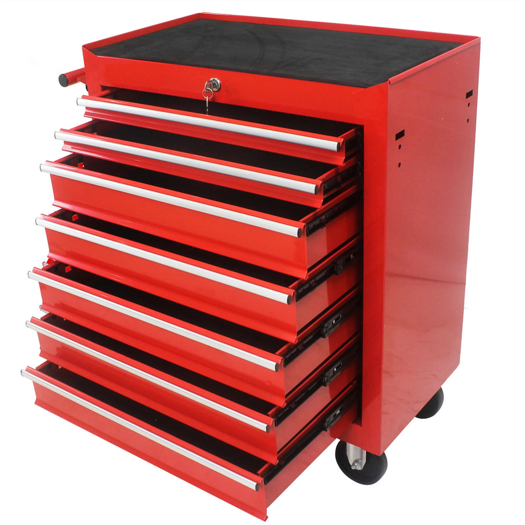 Aukfa Tool Chest, 24.5 in 7 - Drawer Steel Rolling Tool Box on Wheels for Workshop Garage, Red