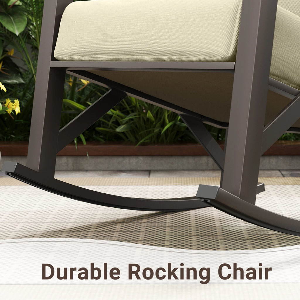MRUAKA Rocking Chair Bistro Set, 3 Piece Outdoor Patio Furniture Set with 2 Rockers and 1 Metal Coffee Table with Thick Cushions for Porch, Backyard, Poolside, Beige