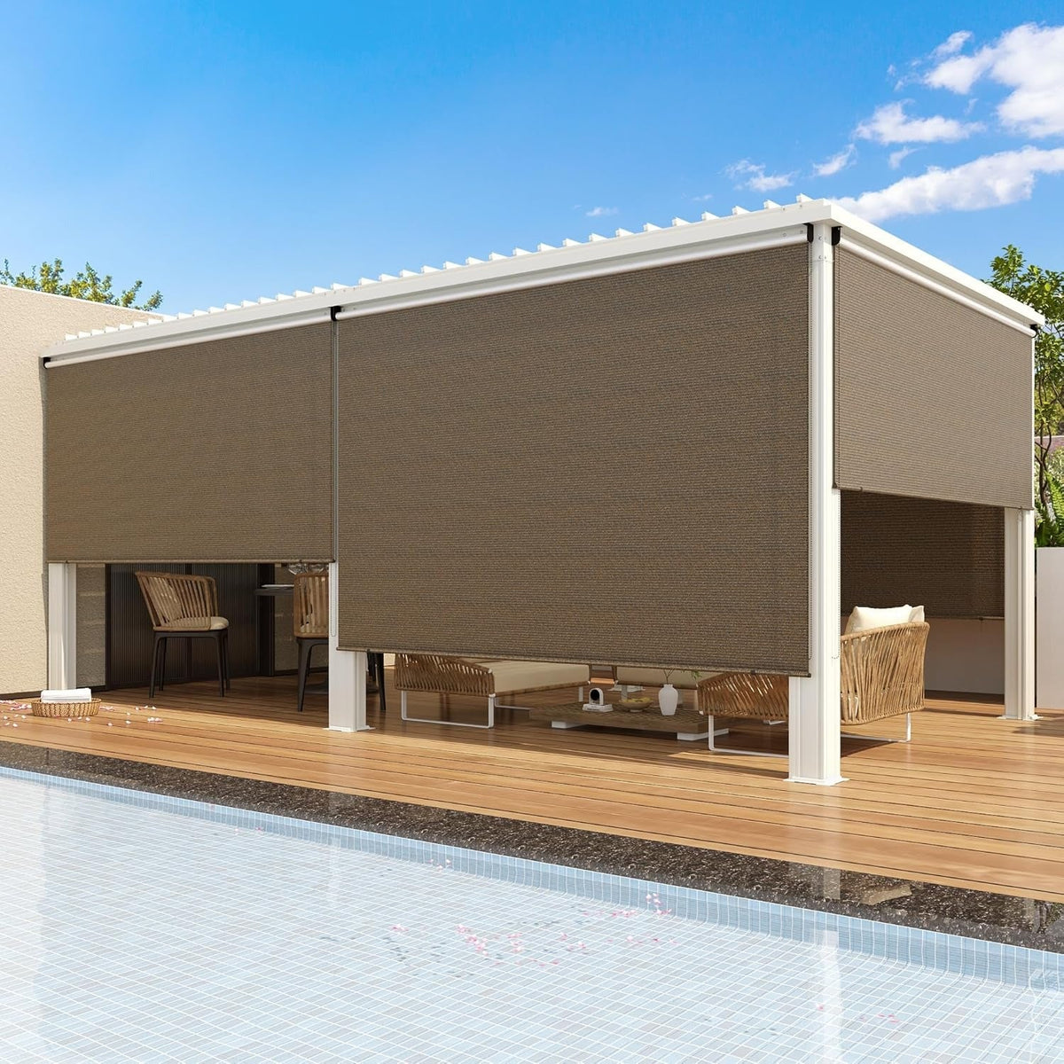 AECOJOY Outdoor Roller Shade, 10'(W) x8'(H) Sun Shade Cover Canopy, Mocha&Gray