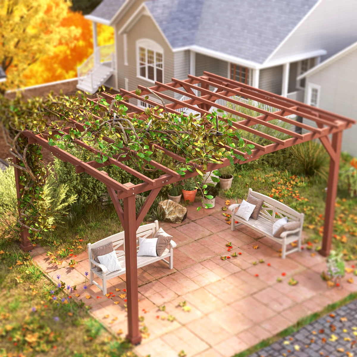 Outsunny 11' x 12.5' Outdoor Wood Pergola with Grape Trellis for Patio, Deck, Backyard, Lawn, Brown
