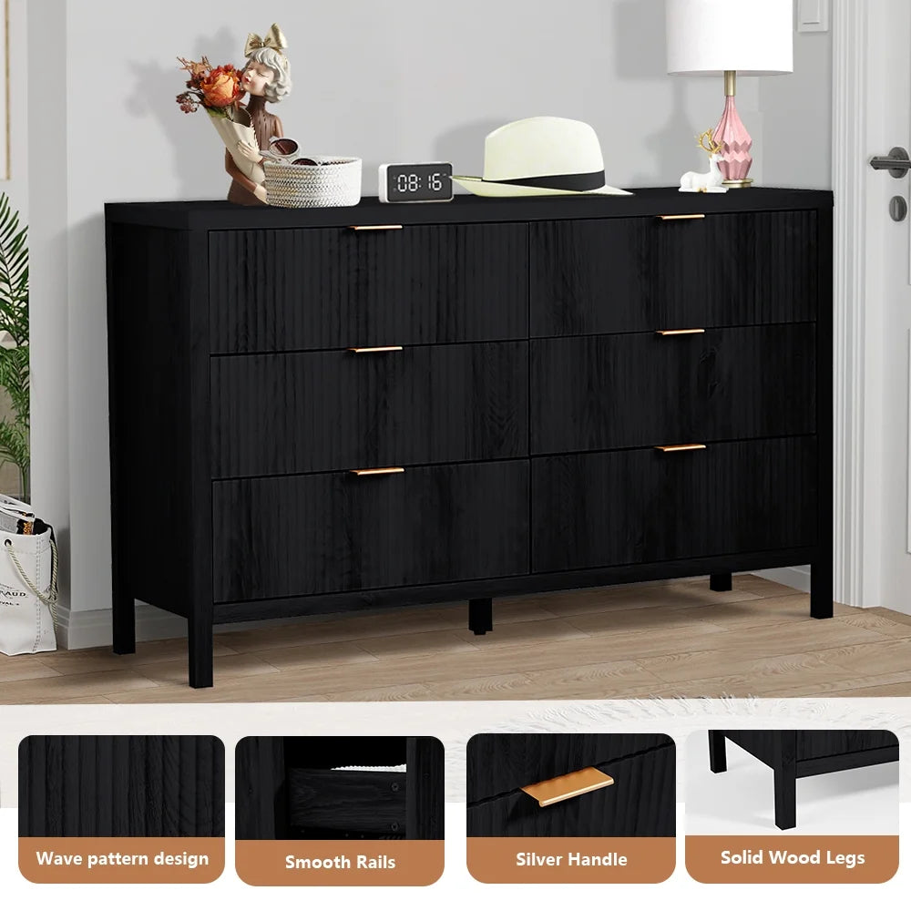 YOCWO Fluted Nightstand for Bedroom Set of 2, Wood Bedside Table Set of 2 with Drawers, Black