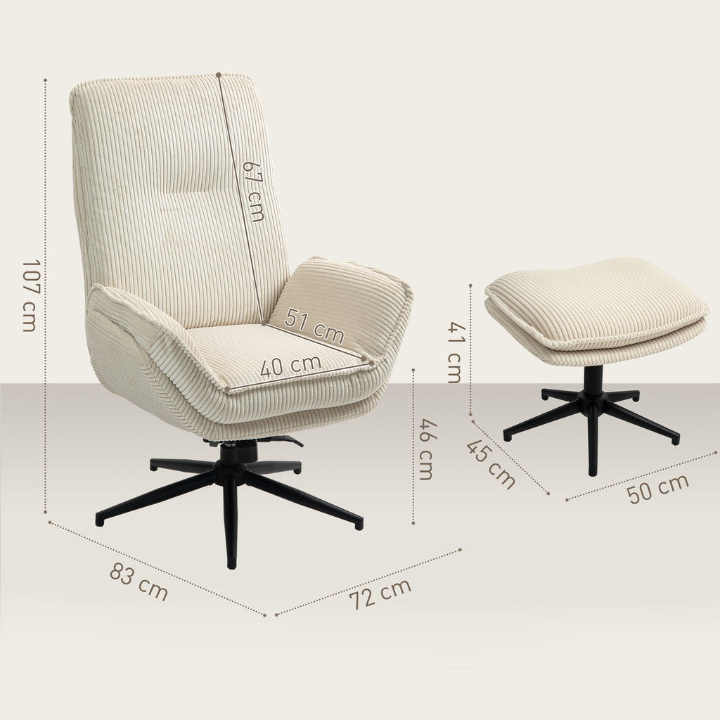 HOMCOM Drehbarer Polstersessel mit Fußhocker, Moderner Recliner-Sessel für Wohnzimmer, Schlafzimmer, Homeoffice, Beige